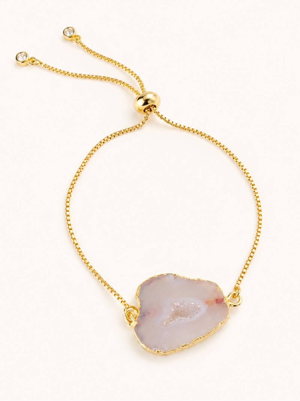 18K Gold Plated Cream Agate Slice CZ Diamonds Slider Bracelet